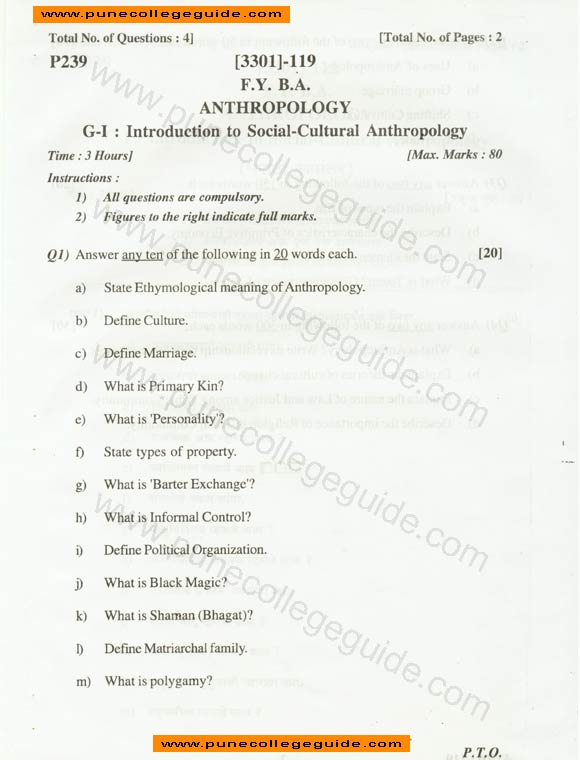 Anthropology: Introduction to Social-Culture Anthropology question paper