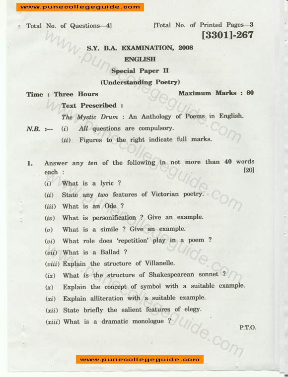 English, Special Paper II (Understanding Poetry) , SY BA 2008 April question paper