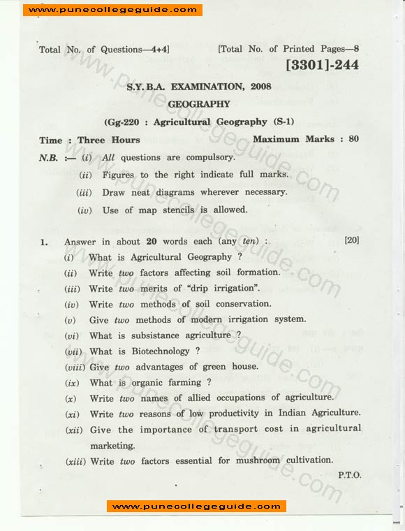 Geography: Agricultural Geography SY BA 2008 April Question paper