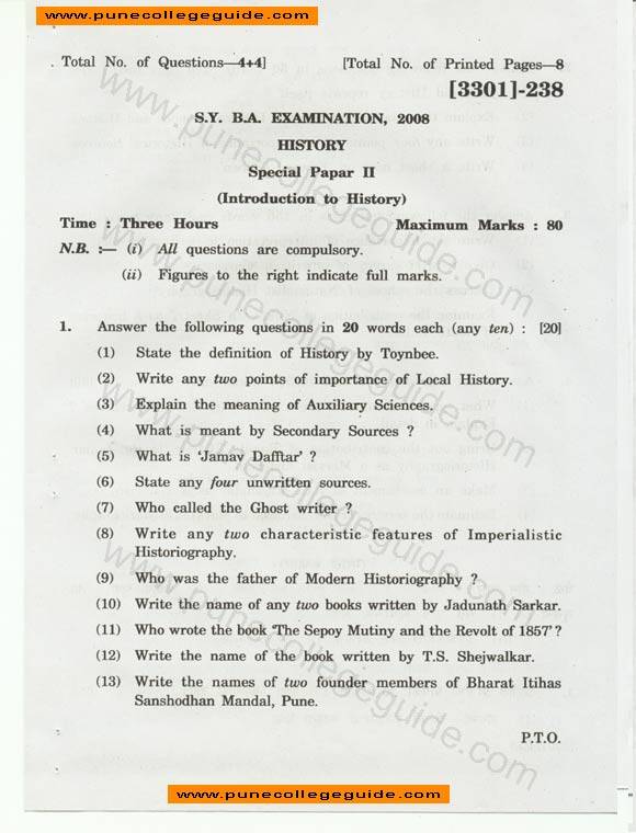 History, Special Paper II (Introduction to History)  SY BA April 2008 Question paper