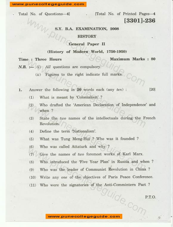 History General Paper II (History of Modern World, 1750-1950) , question paper