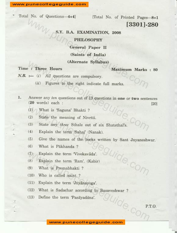 Philosophy, General Paper II, (Saints of India) , Question paper