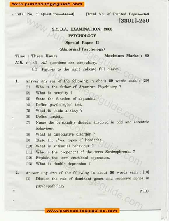 Psychology Special Paper I (Abnormal Psychology), Question paper