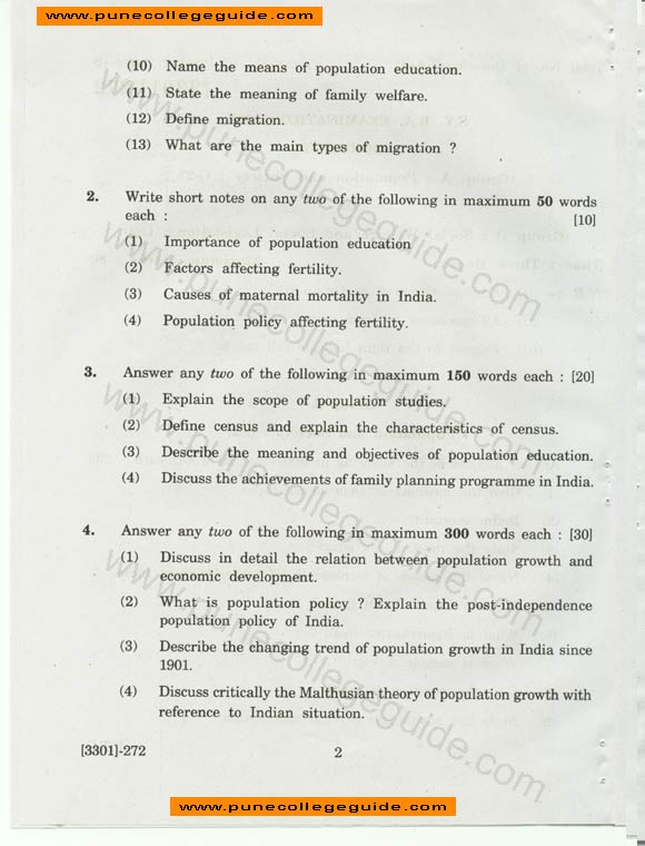 Sociology (Population and Society) , question paper