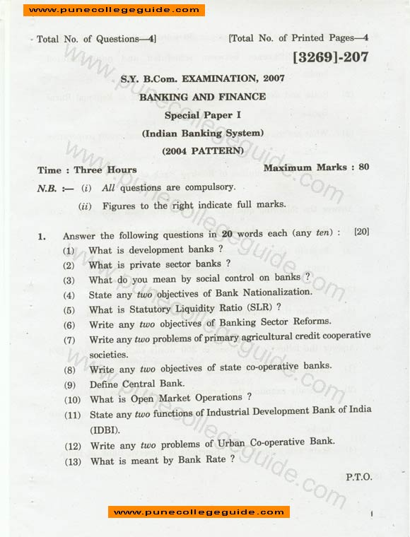 Banking And Finance: Special Paper Indian Banking System, question paper