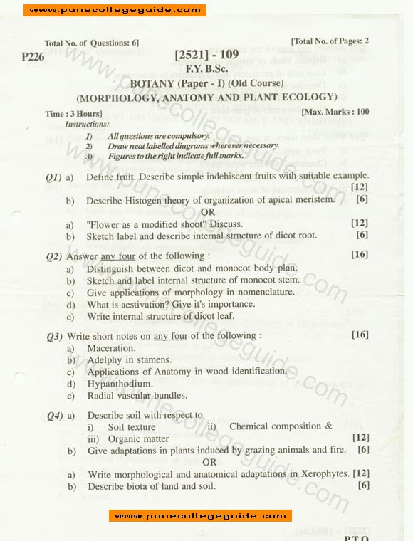 question paper, Botany II plant diversity and plants and human welfare (old course)