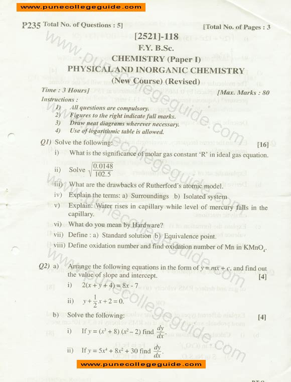 question paper, Chemistry I physical and inorganic chemistry (new course)