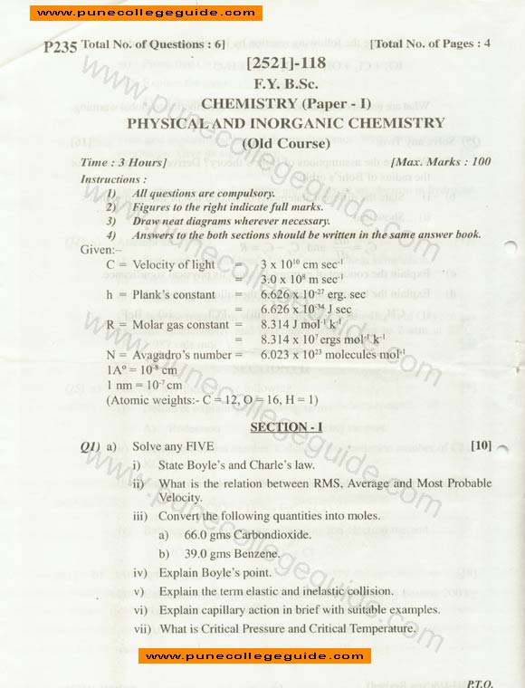 questin paper, Chemistry I physical and inorganic chemistry (old course)