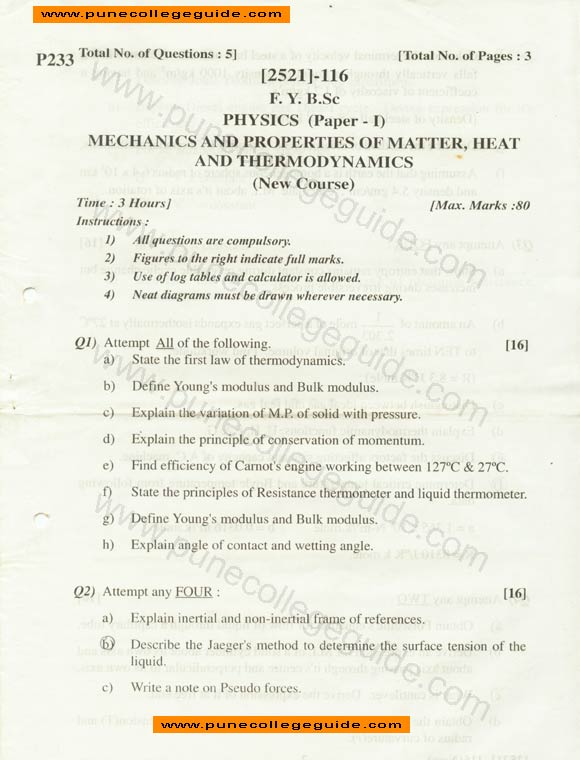 question paper, Physics I machines and properties of matter heat and thermodynamics (new course)