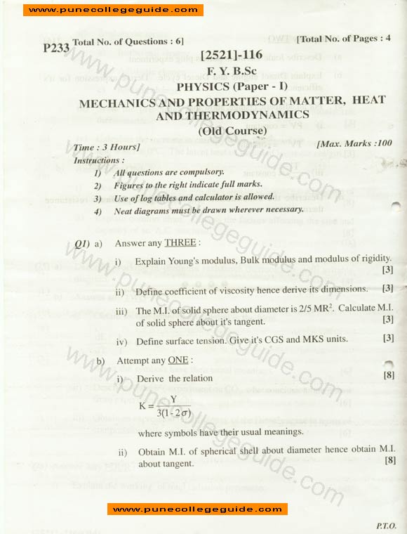 question paper, Physics I machines and properties of matter heat and thermodynamics (old course)
