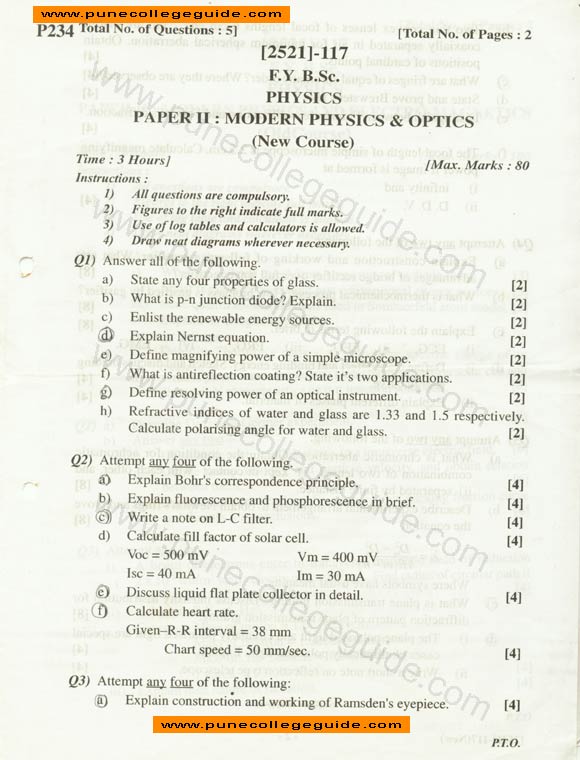 question paper, Physics II modern physics and optics (new course)