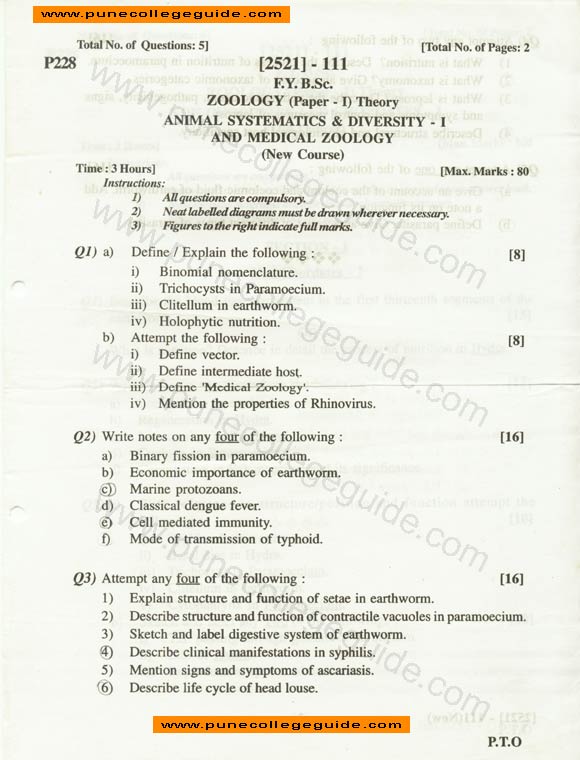 question paper, Zoology II animal systematic and diversity and medical zoology (new course)