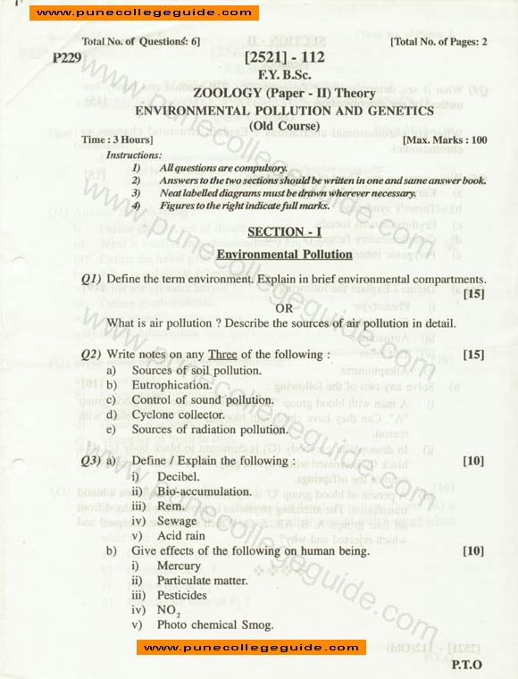 question paper, Zoology II environmental pollution and genetics (old course)