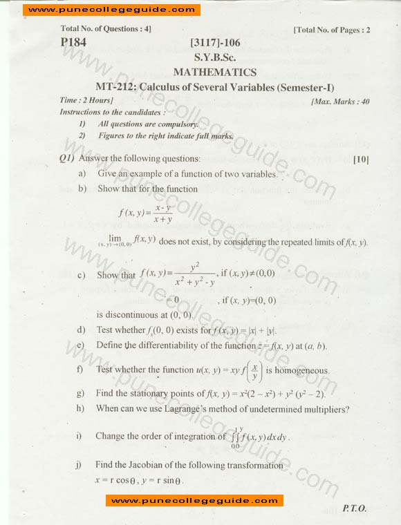 Mathematics Calculus of Several Variables Question Paper