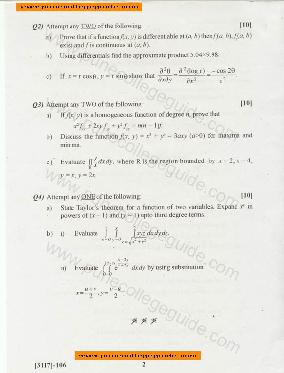 Mathematics Calculus of Several Variables Question Paper, Pune University