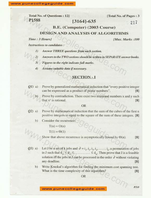 Design and analysis of Algorithms question paper
