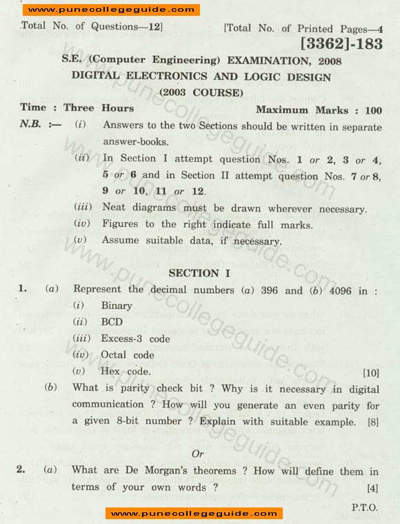 Digital Electronics and Logic Design question paper
