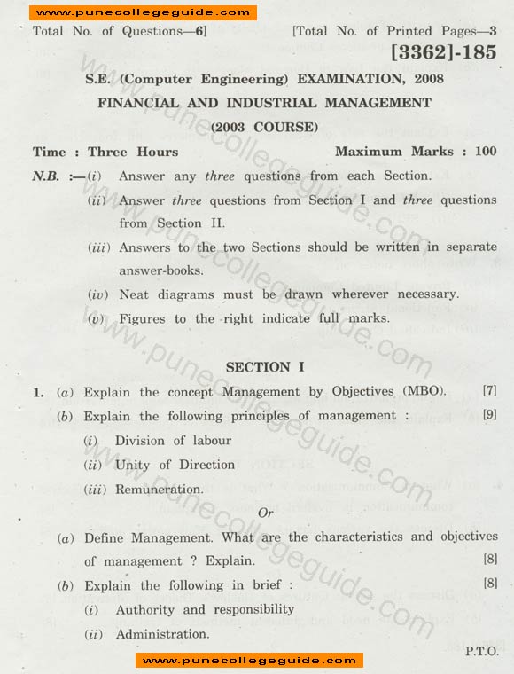 Financial and Industrial Management question paper