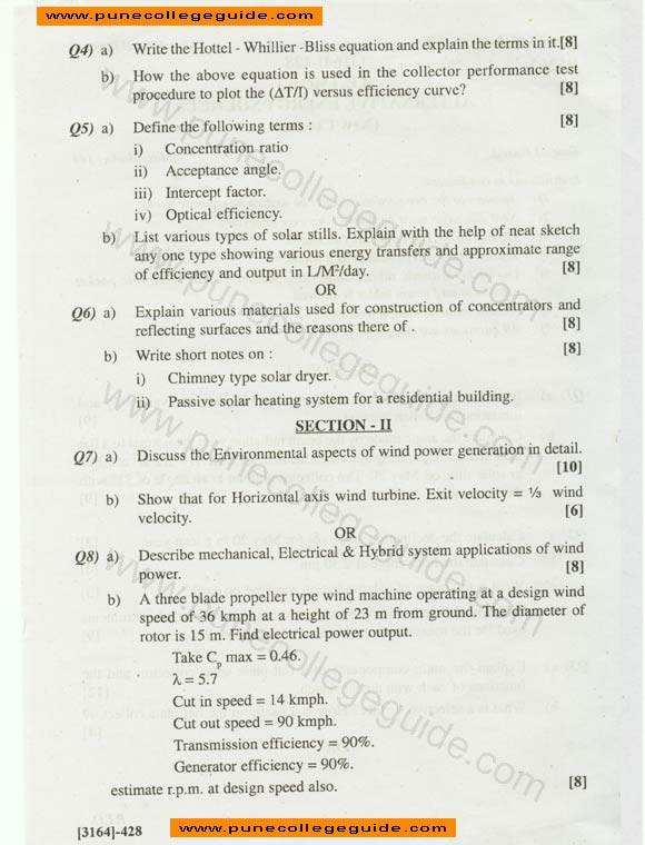 Alternative Energy Sources BE mechanical question paper, previous year question paper
