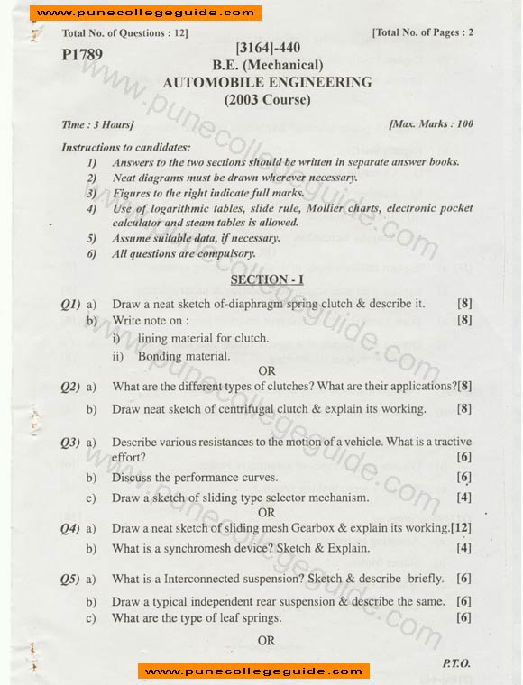 Automobile Engineering question paper