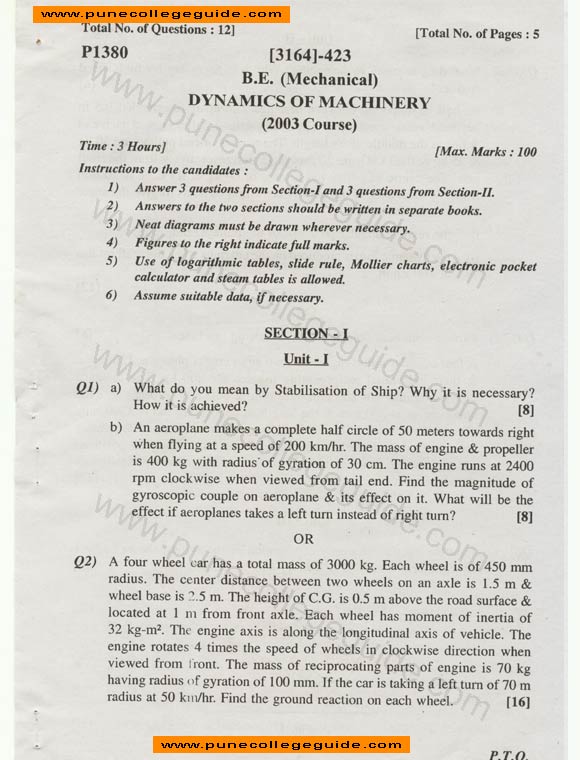 Dynamics of Machinery question paper