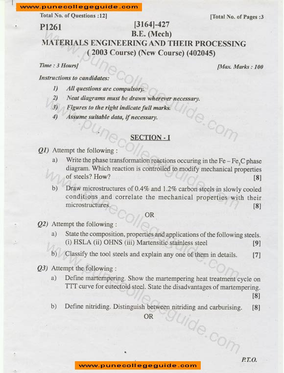 Materials Engineering and Their Processing question paper