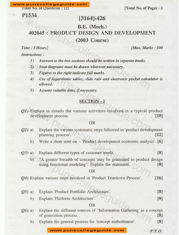 Product design and development question paper