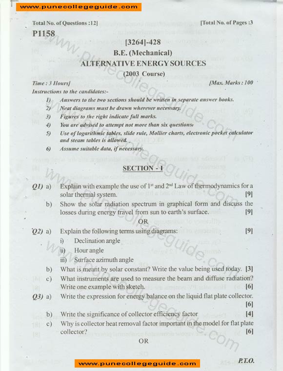 Alternative Energy Sources BE question paper, question papers