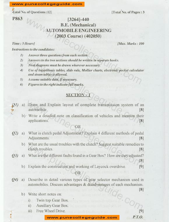 Automobile Engineering BE mechanical 2007 octomber exam paper