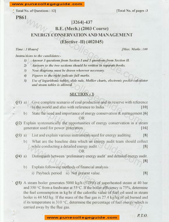 Energy Conservation and Management, question paper