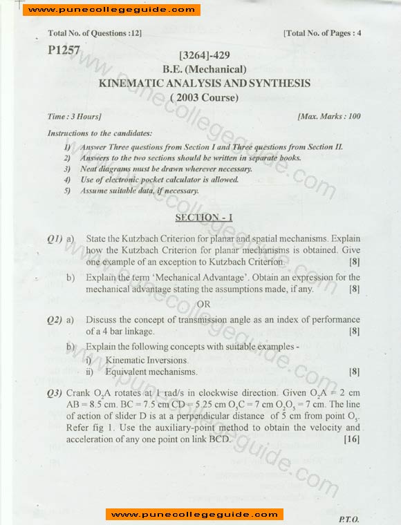 Kinematic Analysis and Synthesis question paper