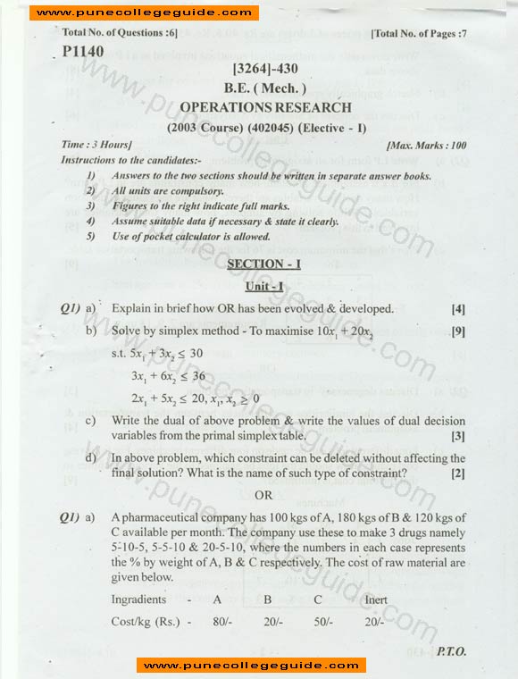 Operations Research (Elective I) question paper