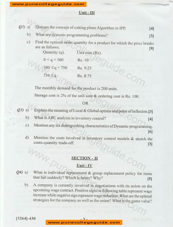 question paper Operations Research (Elective I)