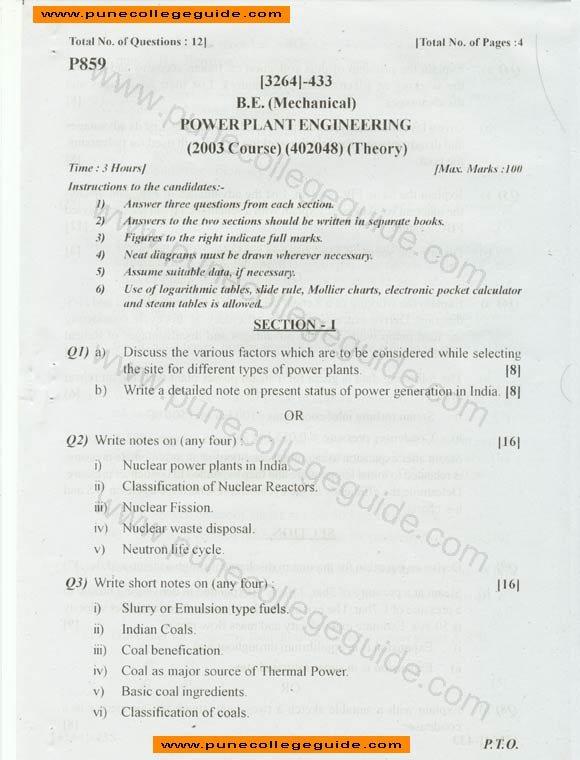 Power Plant Engineering question paper