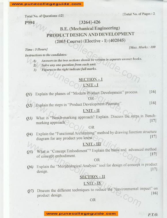 Product design and development (Elective I) question paper