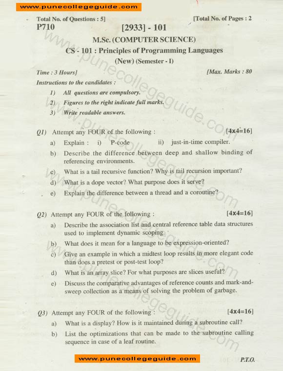 MCS, Principles of Programming Languages, Question paper