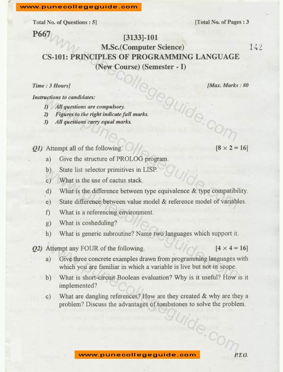 Principles of Programming Language, MCS, question paper