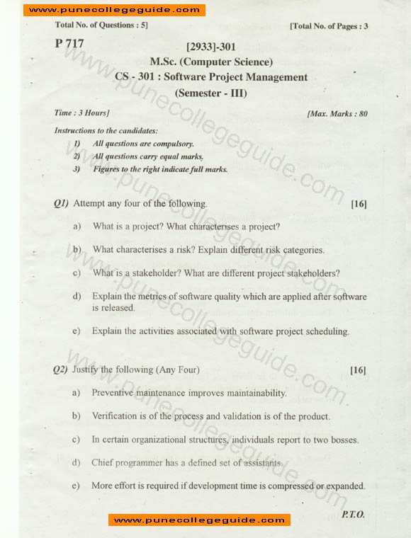 Software Project Management, MCS, question paper