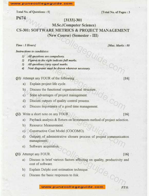 Software Metrics and Project Management , MCS question paper