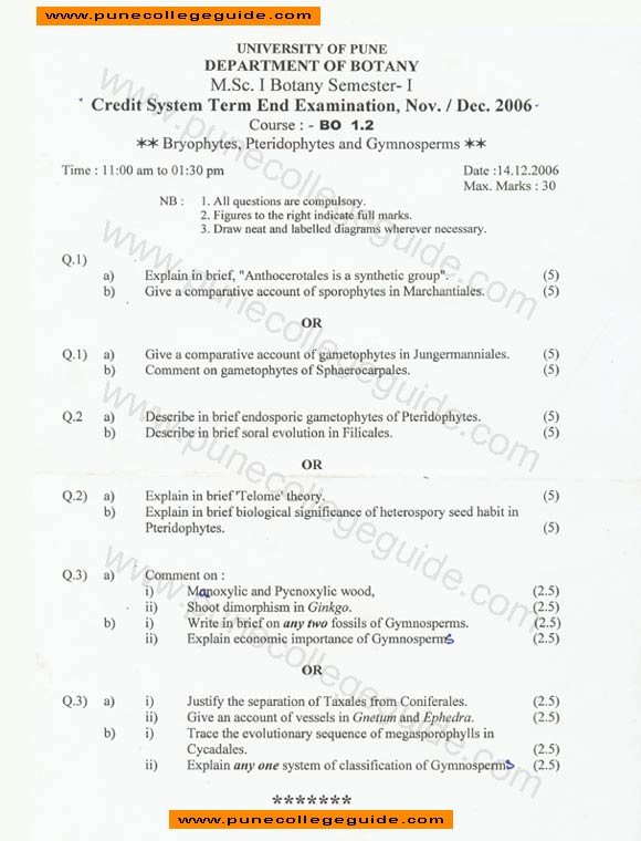 botany question paper, Bryophytes, Pteridophytes and Gymnosperms
